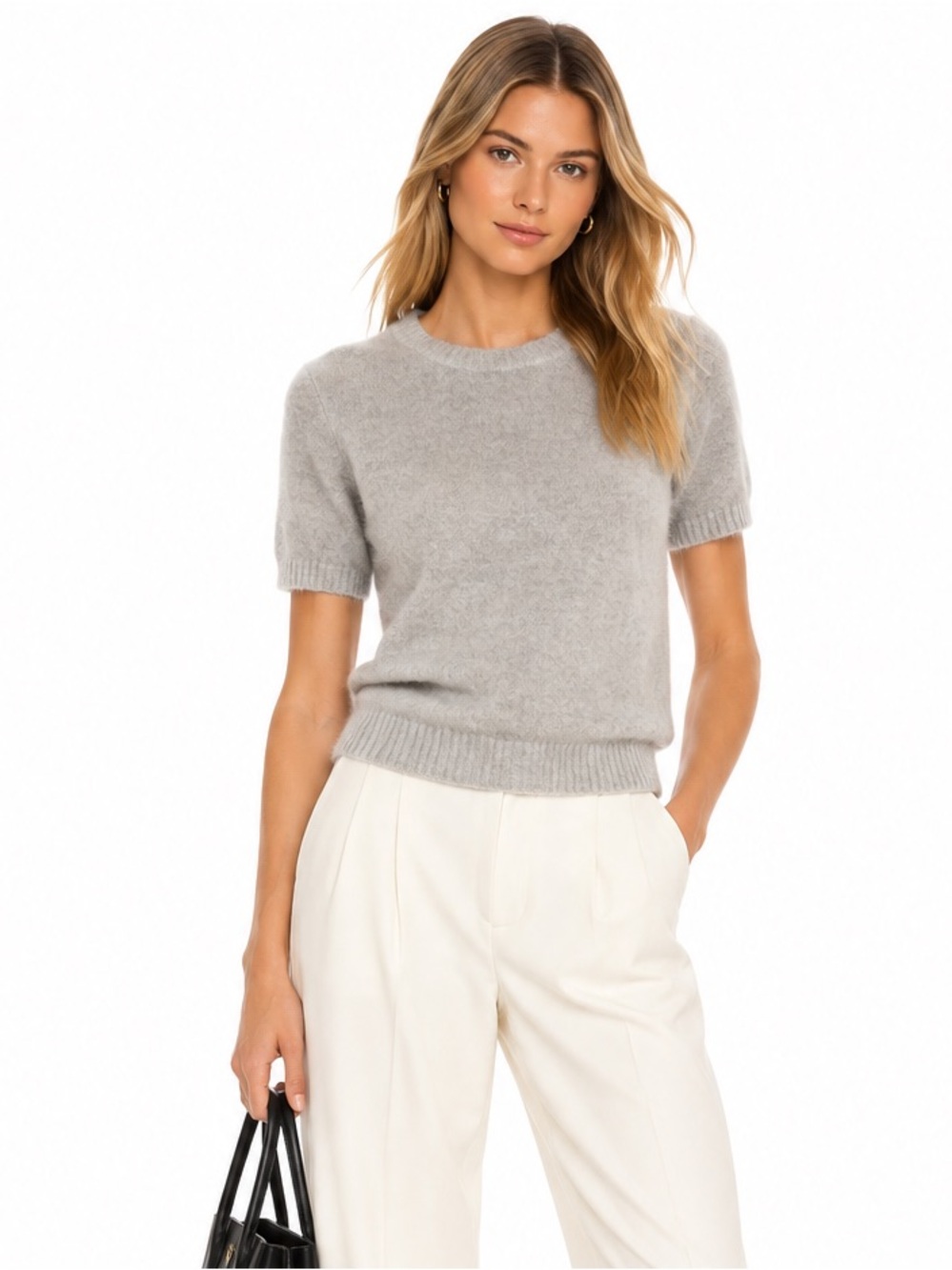 Zara 100% Wool Short Sleeve Knit Sweater Light Grey